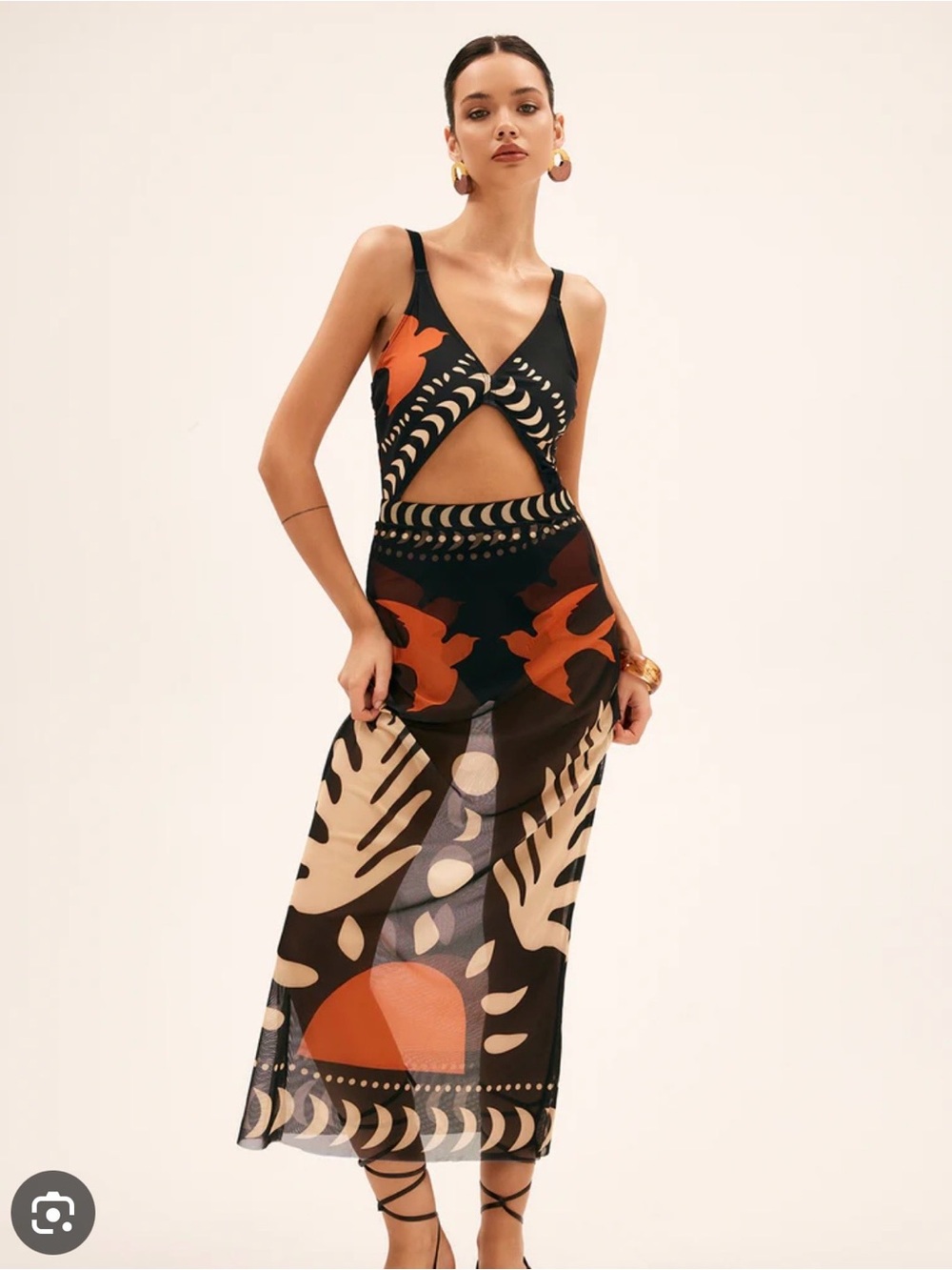 Commense Black Swim One-Piece with Orange & Cream Graphic Print Cover-Up Skirt